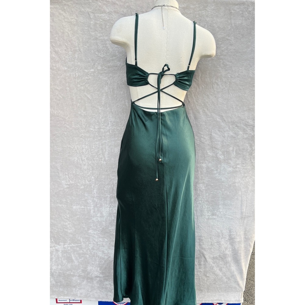 Here Comes The Sun Emerald Green Satin Midi Slip Dress Size S Cutout Cocktail - Picture 9 of 16